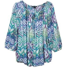 Zac & Rachel Semi Sheer Chiffon 3/4 Sleeve Artsy Colorful Boho Tie Tunic Top XL